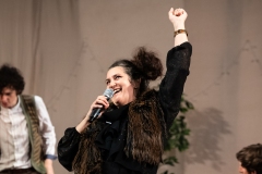 Saska Saskahar of Balkanarama warming up the audience for the evening's fundraising ceilidh organised on behalf of the Ceilidh Collective