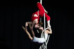 Circus artists Clara and Freya performing together at Cirqulation's 'Cirqulation 8: Power' Circus Cabaret Night at the Assembly Roxy