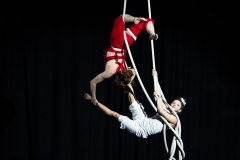 Circus artists Clara and Freya performing together at Cirqulation's 'Cirqulation 8: Power' Circus Cabaret Night at the Assembly Roxy