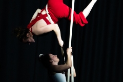 Circus artists Clara and Freya performing together at Cirqulation's 'Cirqulation 8: Power' Circus Cabaret Night at the Assembly Roxy